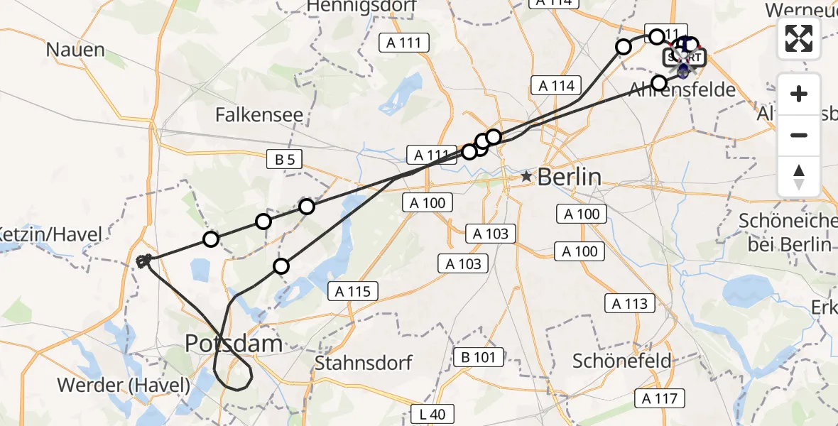 Flugroute Polizeihubschrauber Ahrensfelde Hubschrauberlandeplatz - Ahrensfelde Hubschrauberlandeplatz, 28 Mai 2026, 22:50