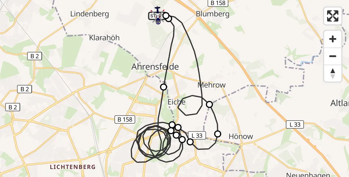 Flugroute Polizeihubschrauber Ahrensfelde Hubschrauberlandeplatz - Ahrensfelde Hubschrauberlandeplatz, 28 Mai 2026, 23:00