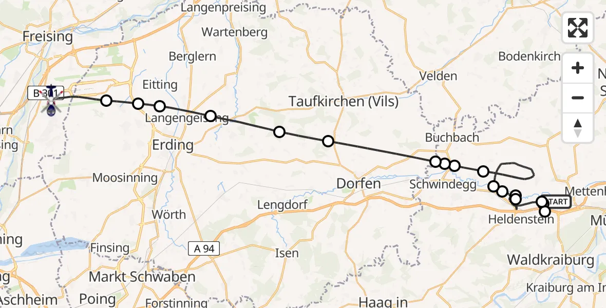 Flugroute Polizeihubschrauber Ampfing - München Flughafen, 29 Mai 2026, 00:30