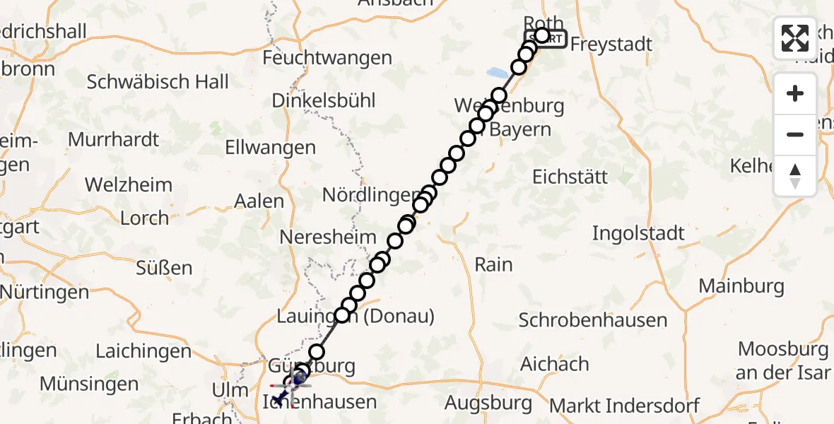 Flugroute Polizeihubschrauber Flugplatz Roth - Bibertal, 29 Mai 2026, 00:50