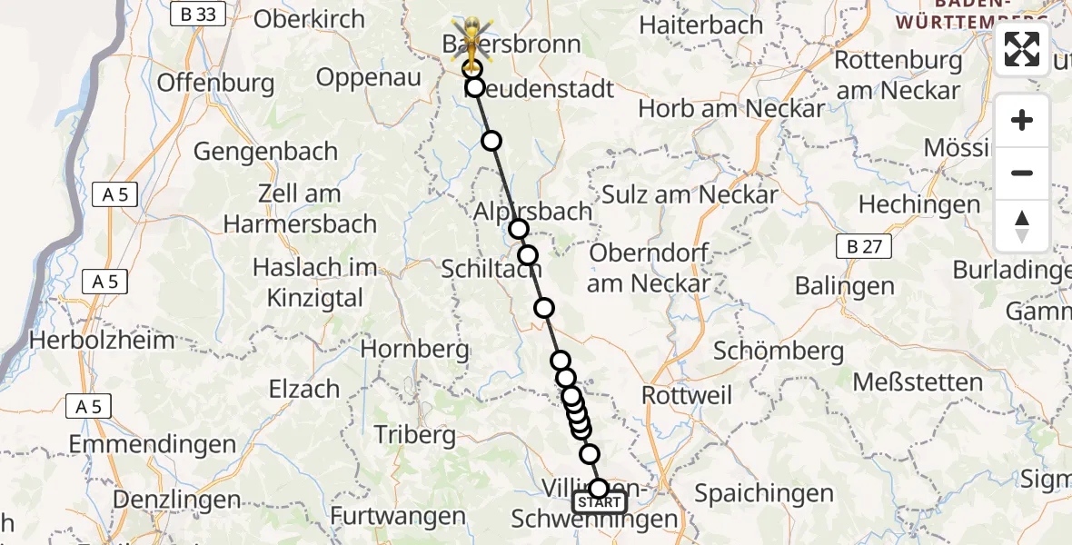 Flugroute Ambulanzhubschrauber DRF Air Rescue Station Villingen-Schwenningen Hubschrauberlandeplatz (Christoph 11) - Baiersbronn, 29 Mai 2026, 01:04