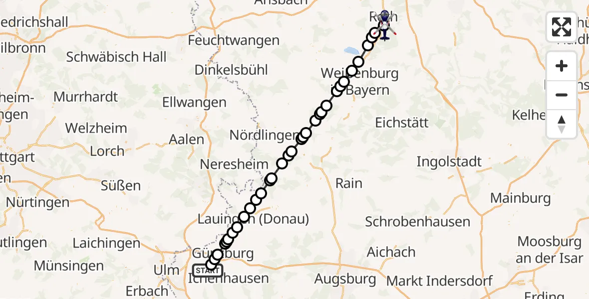 Flugroute Polizeihubschrauber Bibertal - Flugplatz Roth, 29 Mai 2026, 01:27