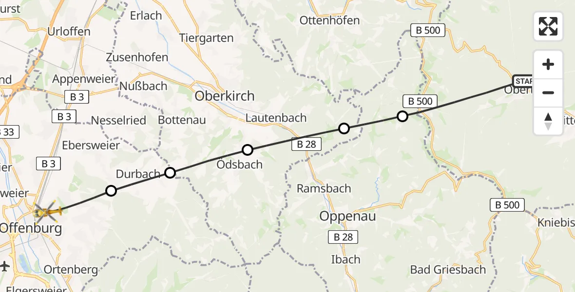 Flugroute Ambulanzhubschrauber Baiersbronn - Offenburg, 29 Mai 2026, 01:53