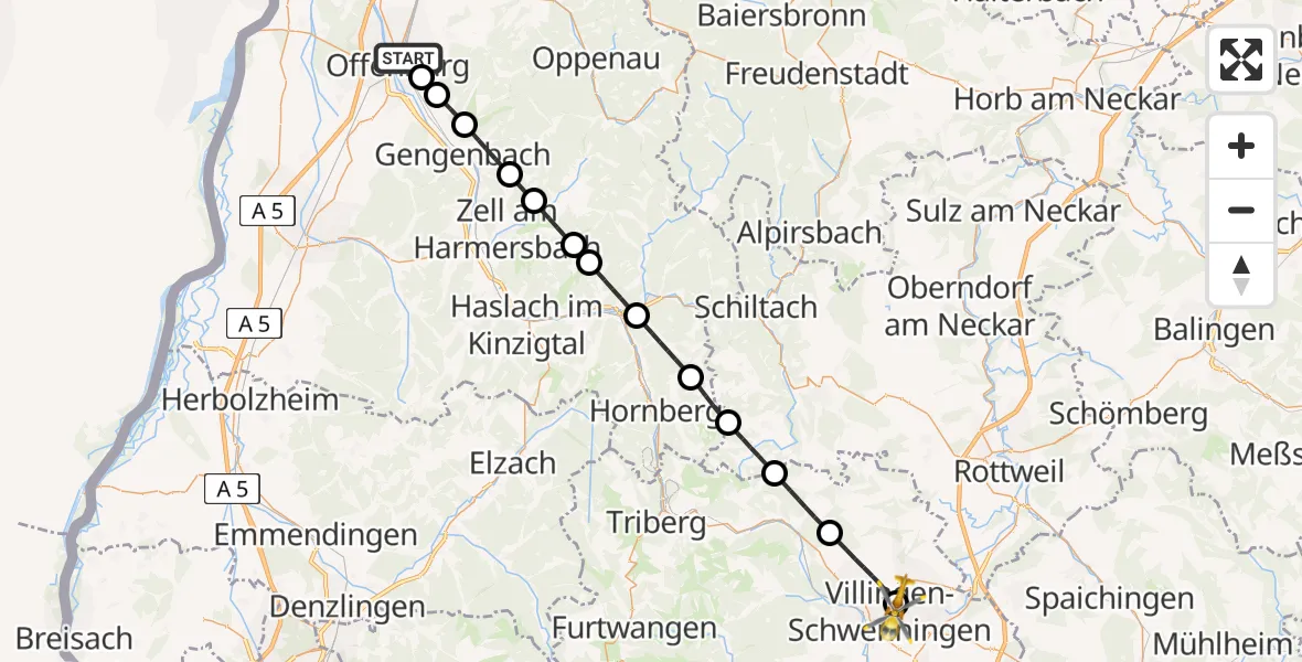 Flugroute Ambulanzhubschrauber Offenburg - DRF Air Rescue Station Villingen-Schwenningen Hubschrauberlandeplatz (Christoph 11), 29 Mai 2026, 02:26
