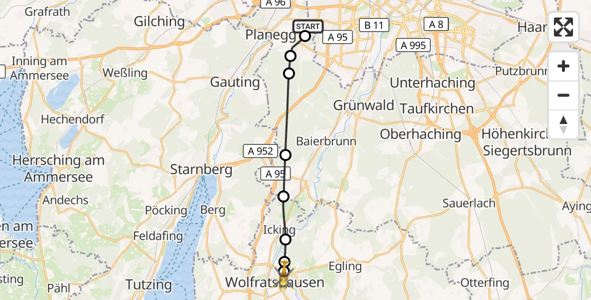 Flugroute Rettungshubschrauber DRF Air Rescue München Hubschrauberlandeplatz - Wolfratshausen, 29 Mai 2026, 02:56