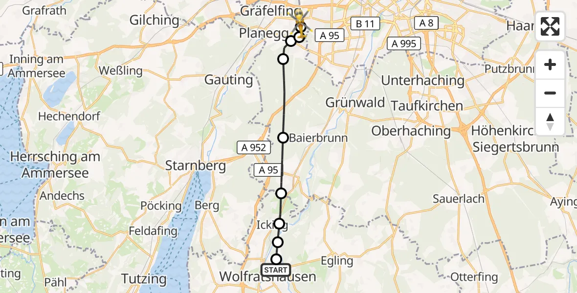 Flugroute Rettungshubschrauber Wolfratshausen - DRF Air Rescue München Hubschrauberlandeplatz, 29 Mai 2026, 03:27