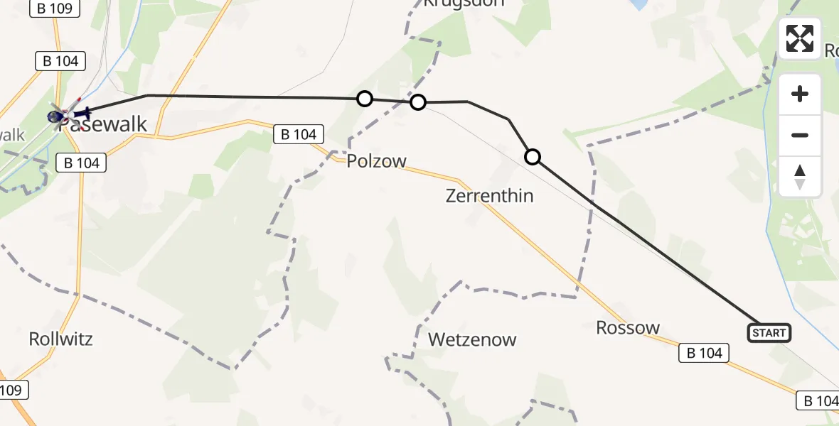 Flugroute Polizeihubschrauber Rossow - Pasewalk, 29 Mai 2026, 04:19