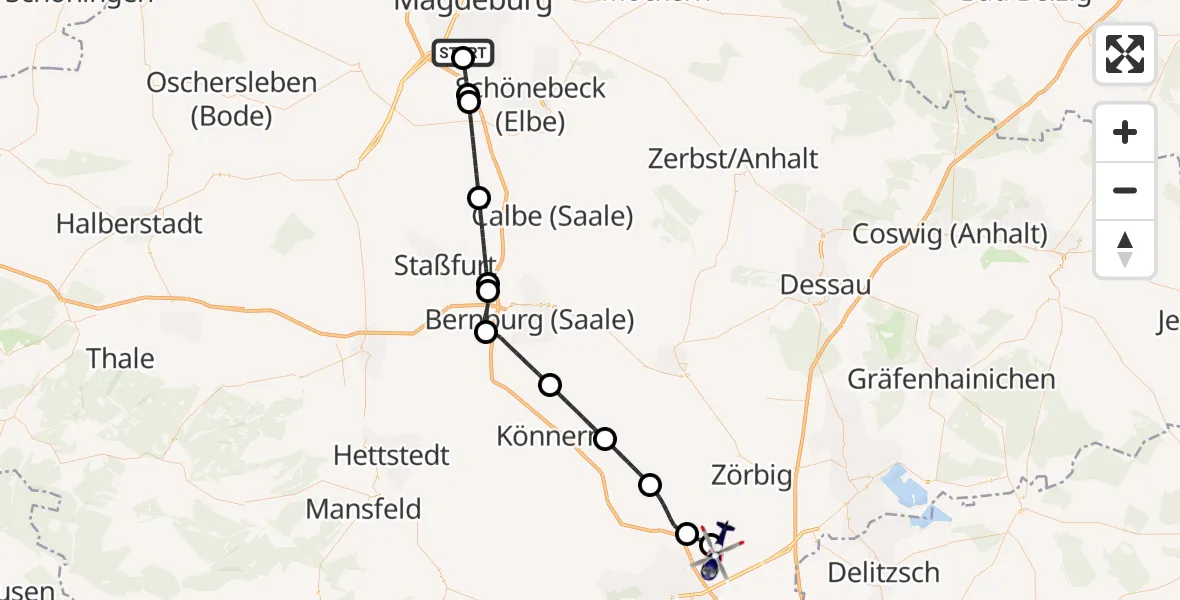 Flugroute Polizeihubschrauber Magdeburg City Flugplatz - Halle-Oppin Flugplatz, 29 Mai 2026, 04:41