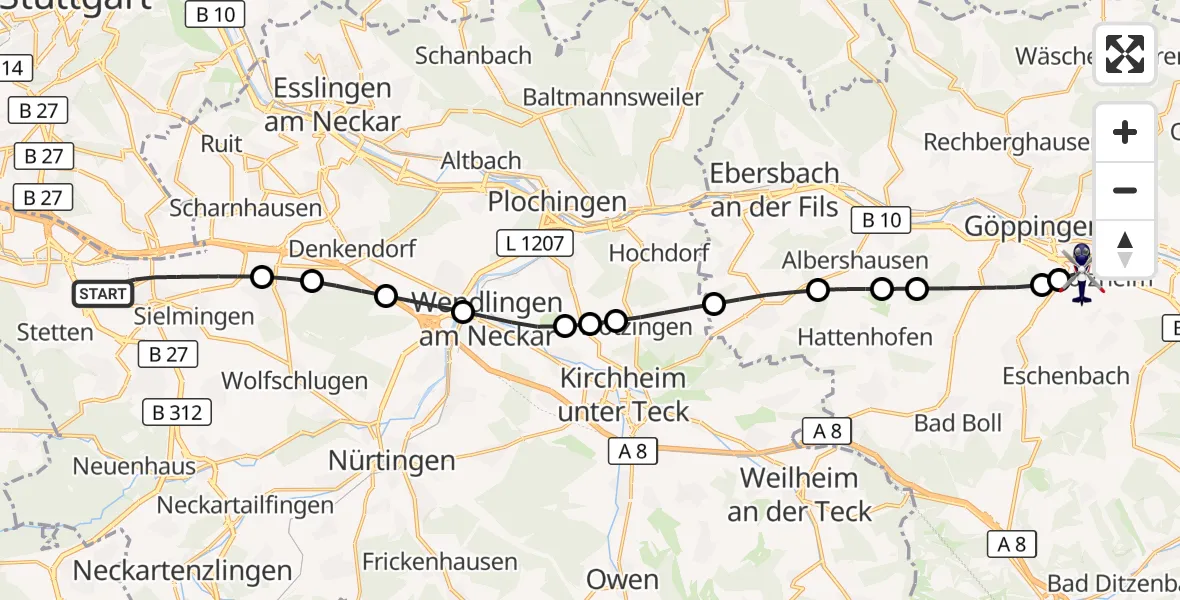 Flugroute Polizeihubschrauber Flughafen Stuttgart - Göppingen, 29 Mai 2026, 05:10
