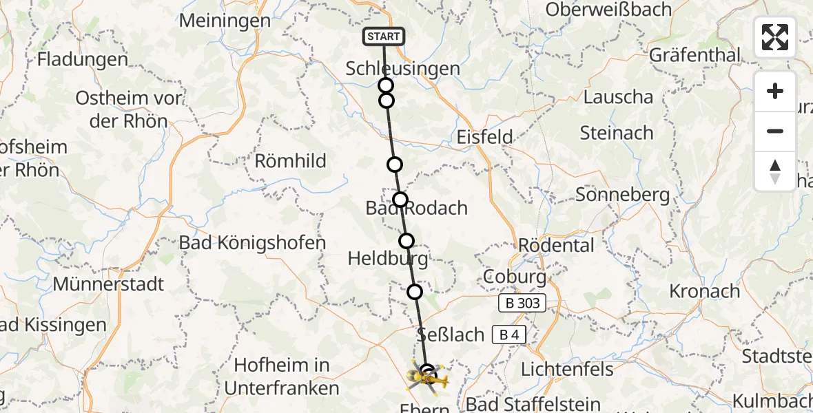 Flugroute Rettungshubschrauber Schleusingen - Untermerzbach, 29 Mai 2026, 05:15