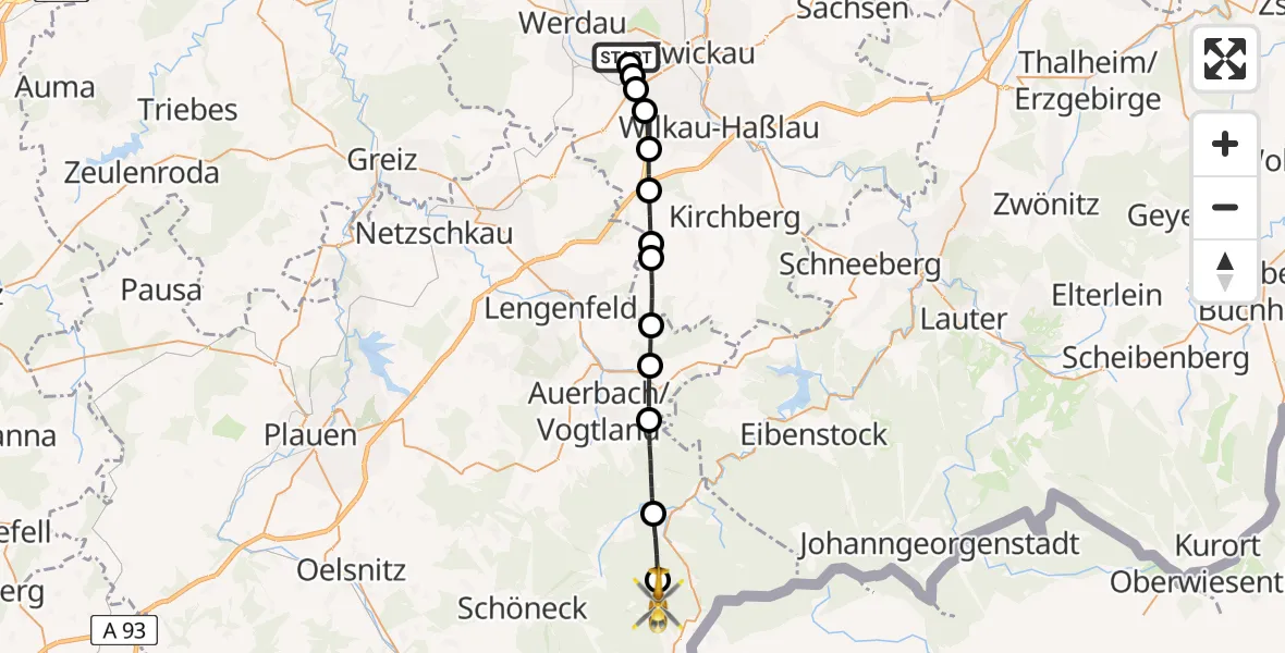 Flugroute Rettungshubschrauber ADAC Air Rescue Station Zwickau Hubschrauberlandeplatz - Klingenthal, 29 Mai 2026, 05:18