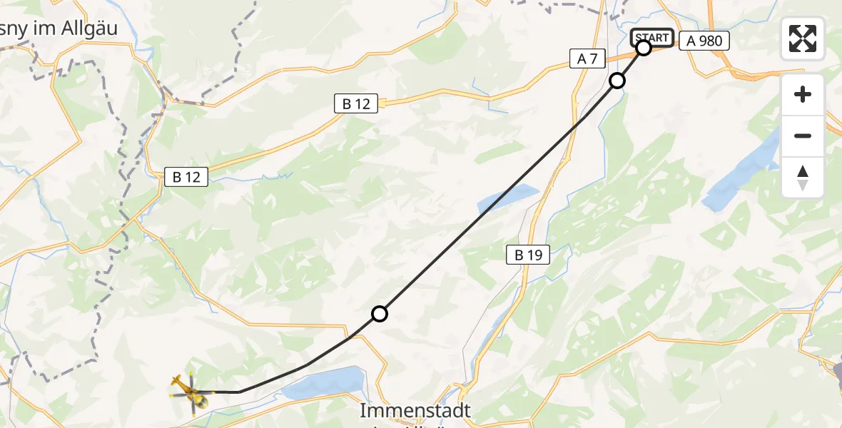 Flugroute Rettungshubschrauber Kempten-Durach Flugplatz - Oberstaufen, 29 Mai 2026, 05:41
