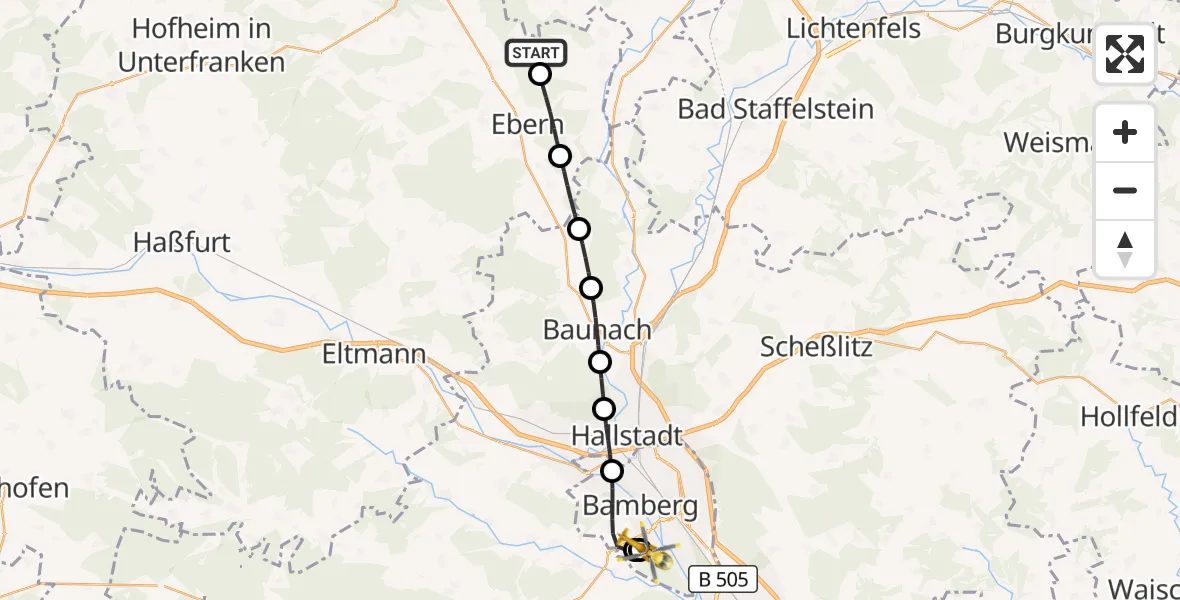 Flugroute Rettungshubschrauber Untermerzbach - Bamberg Hospital, 29 Mai 2026, 05:50