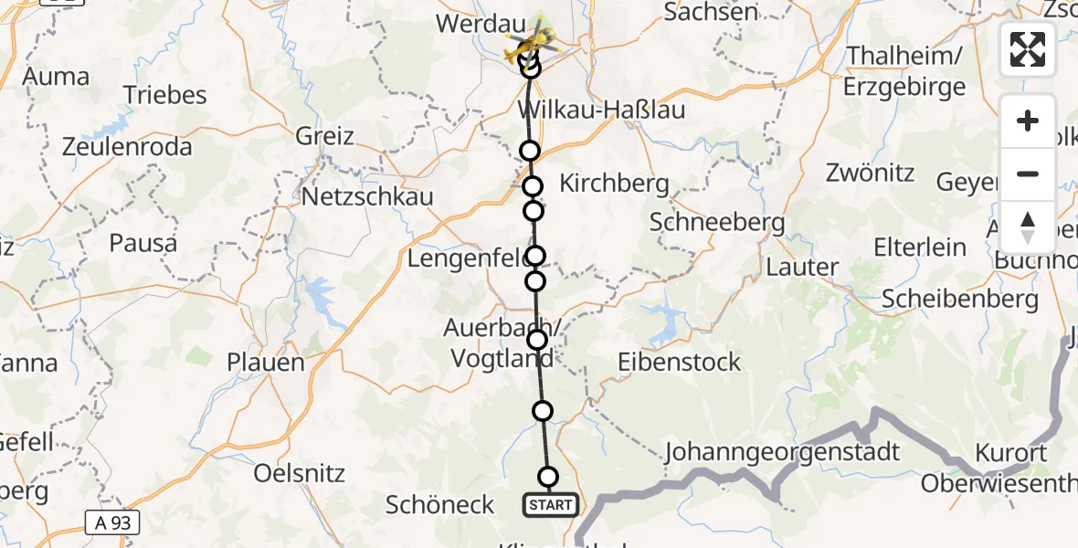 Flugroute Rettungshubschrauber Klingenthal - ADAC Air Rescue Station Zwickau Hubschrauberlandeplatz, 29 Mai 2026, 06:00