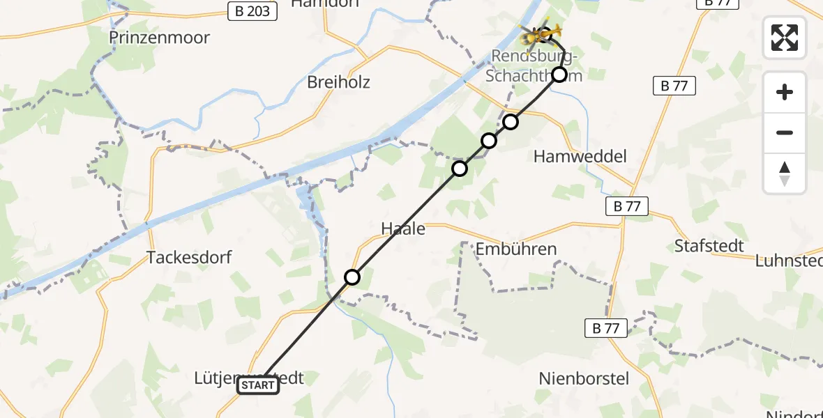 Flugroute Ambulanzhubschrauber Lütjenwestedt - Rendsburg-Schachtholm Flugplatz, 29 Mai 2026, 06:07