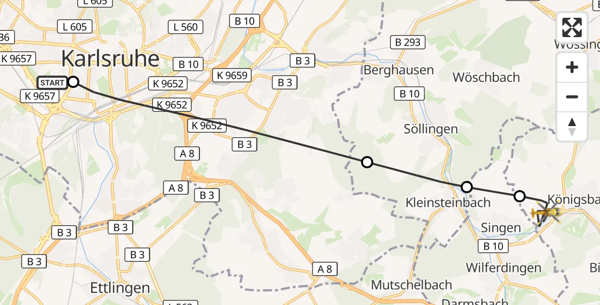 Flugroute Rettungshubschrauber Sankt Vincentius Hospital - Königsbach-Stein, 29 Mai 2026, 06:09