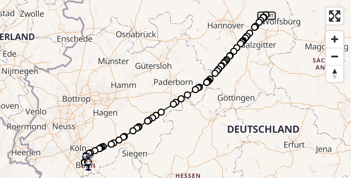 Flugroute Polizeihubschrauber Gifhorn Bundespolizei Hubschrauberlandeplatz - Sankt Augustin, 29 Mai 2026, 06:09