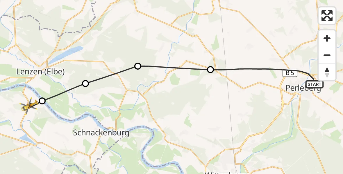 Flugroute Rettungshubschrauber Perleberg - Höhbeck, 29 Mai 2026, 06:17