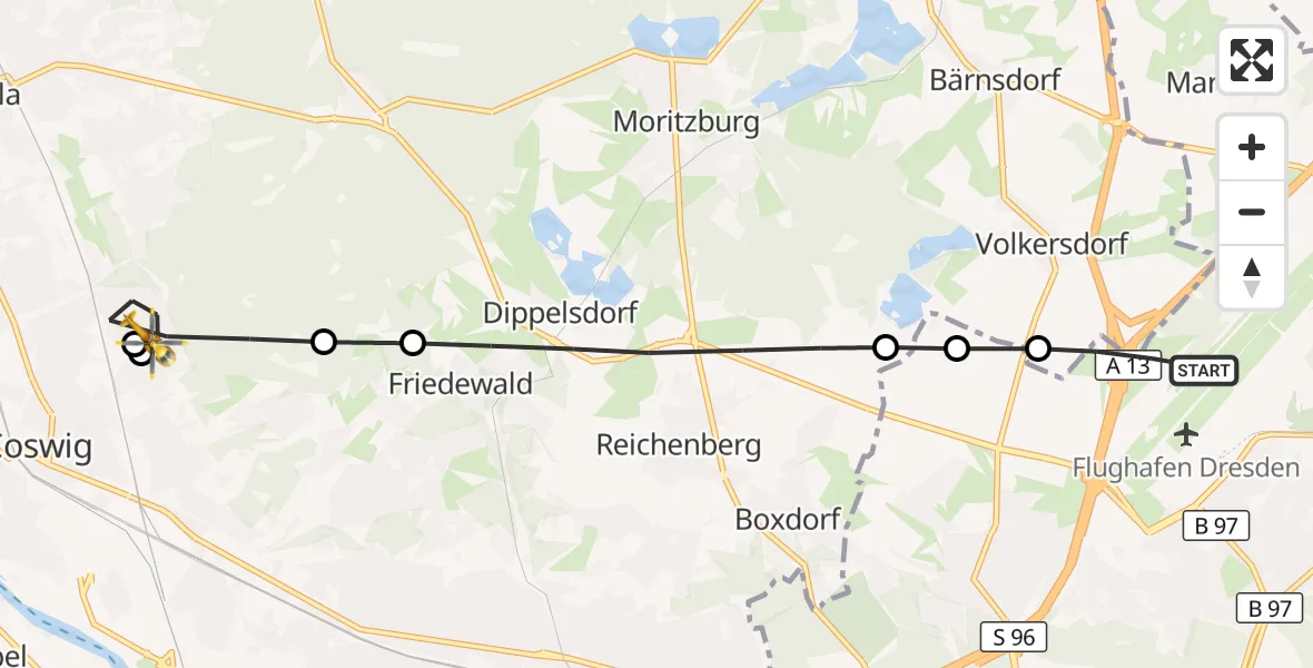 Flugroute Rettungshubschrauber Dresden Flughafen - Coswig, 29 Mai 2026, 06:18