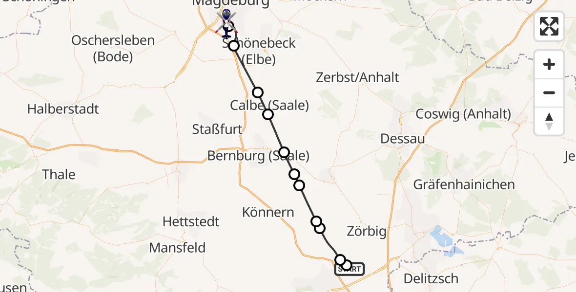 Flugroute Polizeihubschrauber Halle-Oppin Flugplatz - Magdeburg City Flugplatz, 29 Mai 2026, 06:23