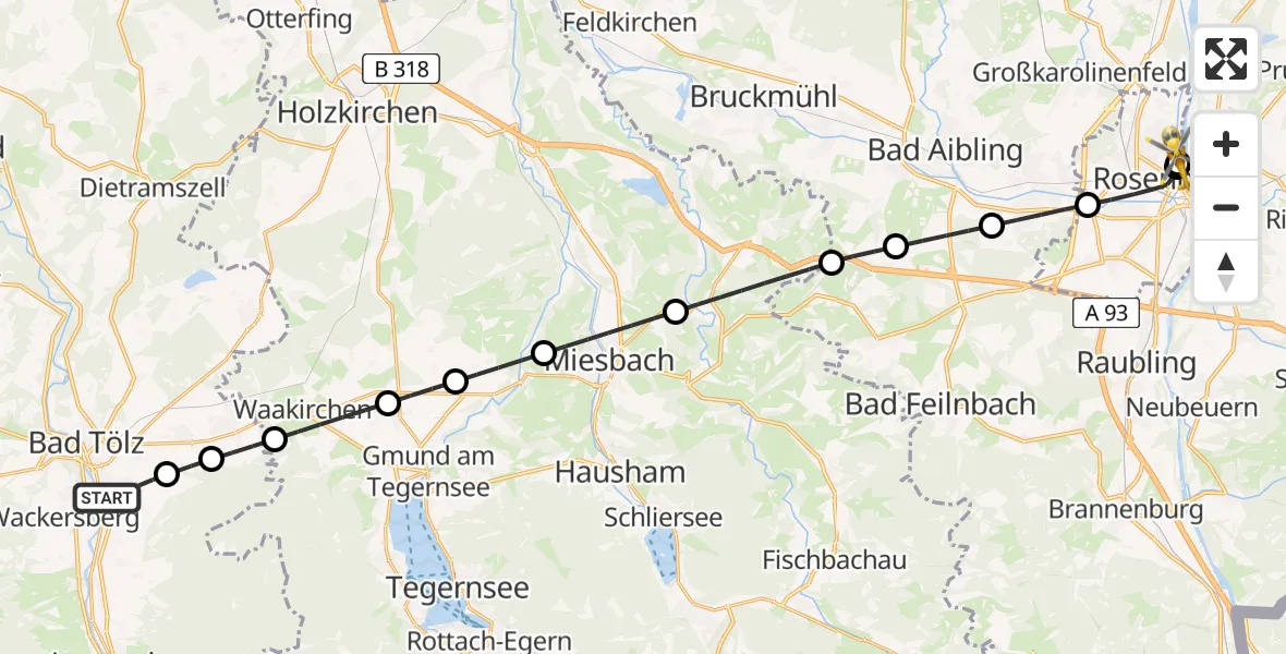 Flugroute Rettungshubschrauber Gaißach - RoMed Hospital Rosenheim, 29 Mai 2026, 06:27