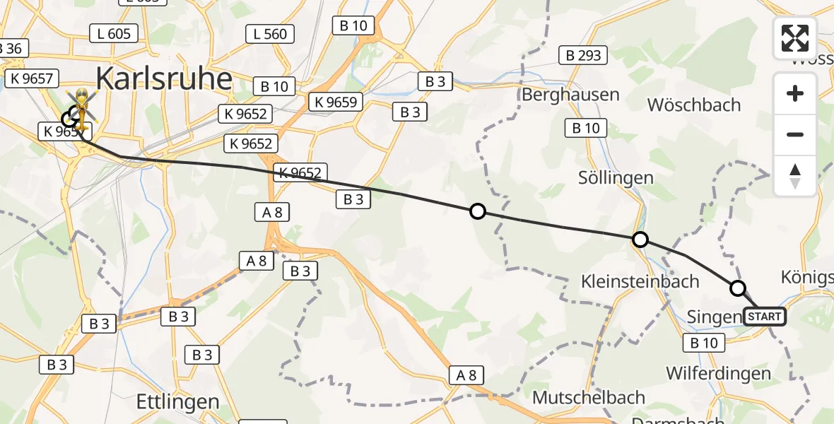 Flugroute Rettungshubschrauber Königsbach-Stein - Sankt Vincentius Hospital, 29 Mai 2026, 06:42
