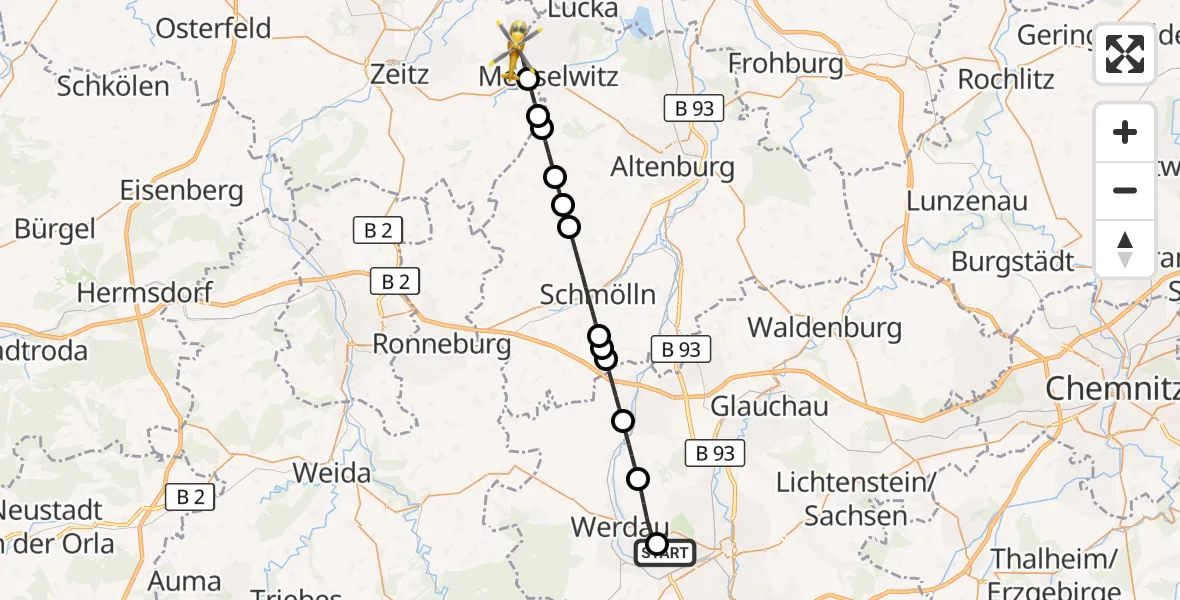 Flugroute Rettungshubschrauber ADAC Air Rescue Station Zwickau Hubschrauberlandeplatz - Meuselwitz, 29 Mai 2026, 06:49