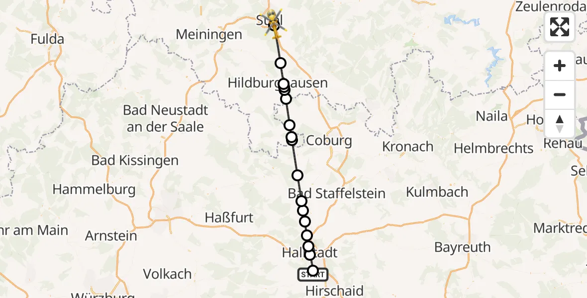 Flugroute Rettungshubschrauber Bamberg Hospital - Suhl, 29 Mai 2026, 06:50