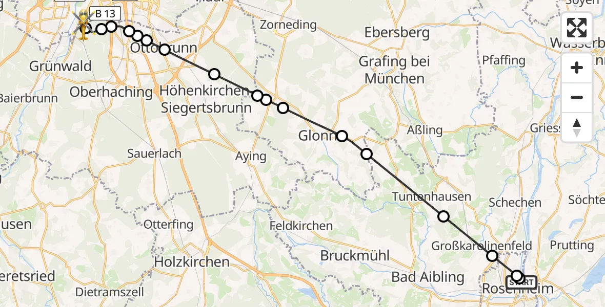 Flugroute Rettungshubschrauber RoMed Hospital Rosenheim - ADAC Air Rescue Center Hubschrauberlandeplatz (Christoph 1), 29 Mai 2026, 06:52