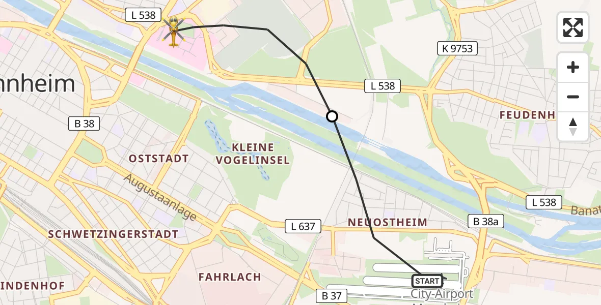Flugroute Rettungshubschrauber Mannheim-City Flughafen - Mannheim, 29 Mai 2026, 06:55