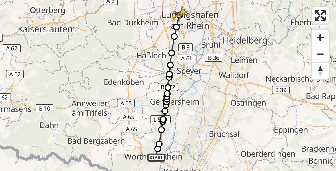 Flugroute Rettungshubschrauber Wörth am Rhein - Ludwigshafen Accident Hospital, 29 Mai 2026, 06:57