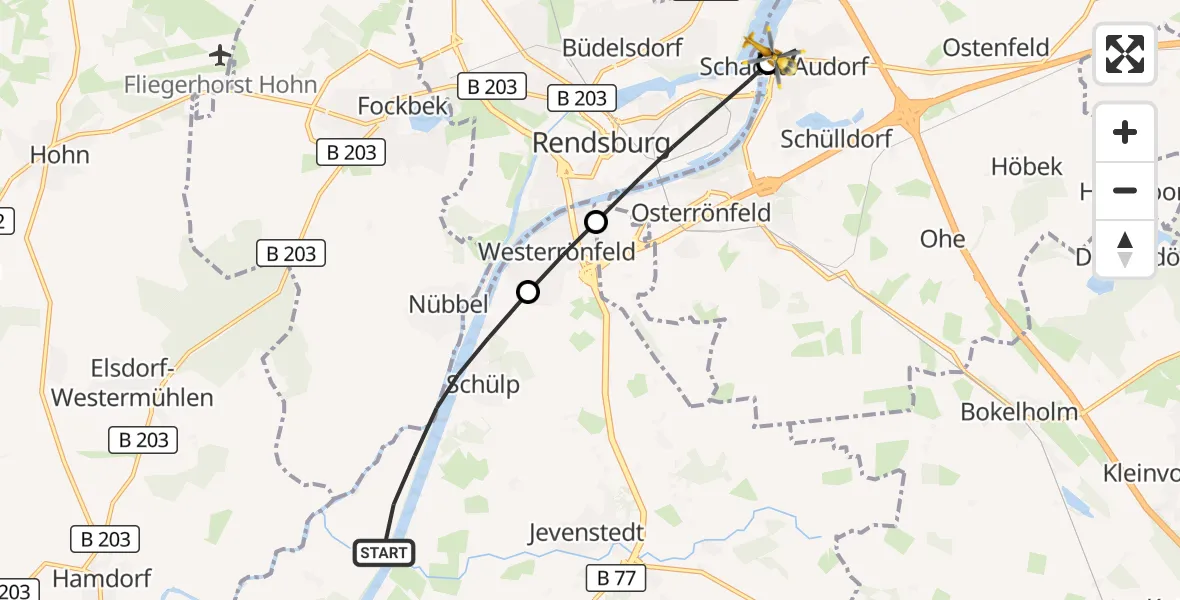 Flugroute Ambulanzhubschrauber Schülp b.Rendsburg - Schacht-Audorf, 29 Mai 2026, 07:11