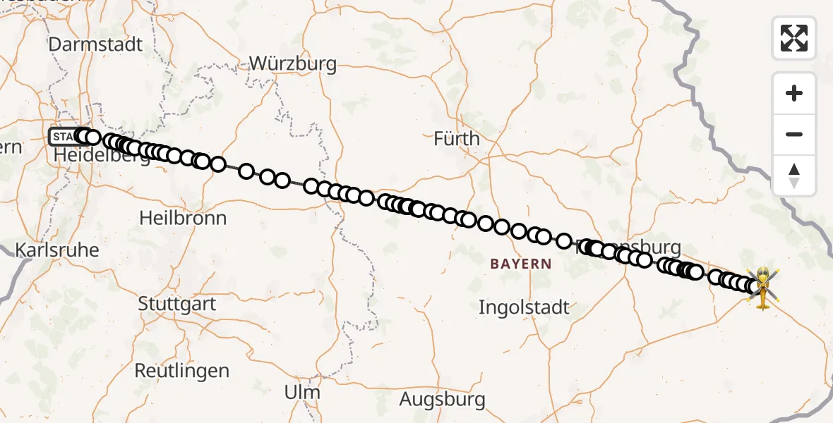 Flugroute Rettungshubschrauber Mannheim - Deggendorf, 29 Mai 2026, 07:22