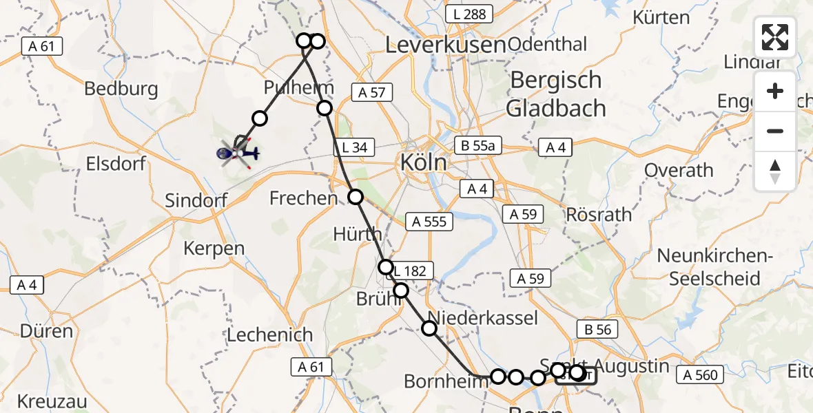 Flugroute Polizeihubschrauber Sankt Augustin - Bergheim, 29 Mai 2026, 07:25