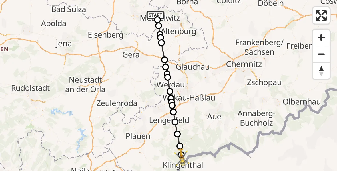 Flugroute Rettungshubschrauber Meuselwitz - Klingenthal, 29 Mai 2026, 07:28
