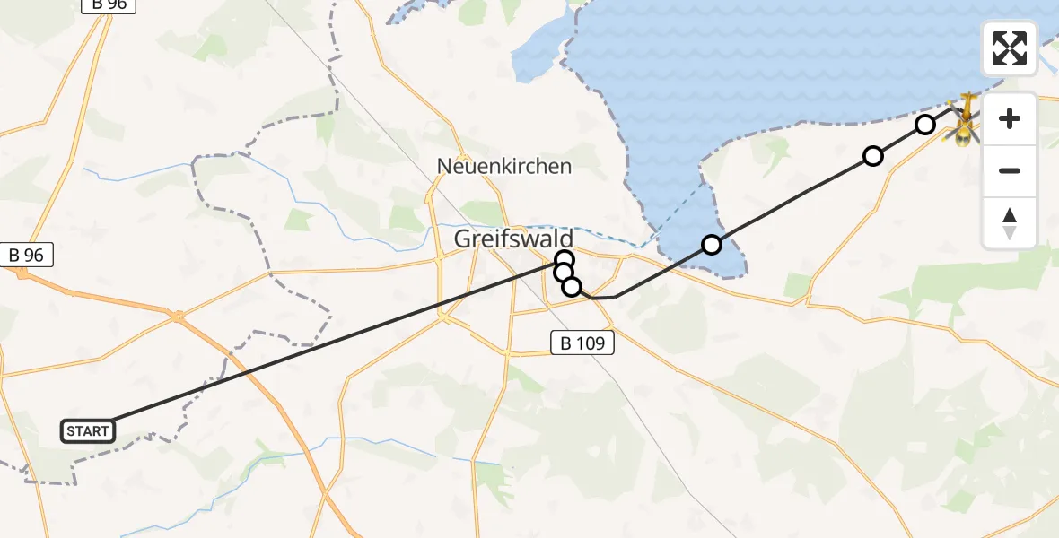Flugroute Rettungshubschrauber Süderholz - Lubmin, 29 Mai 2026, 07:39