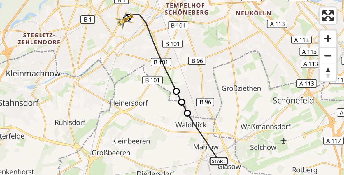 Flugroute Rettungshubschrauber Blankenfelde-Mahlow - Charité Clinic Benjamin Franklin Campus, 29 Mai 2026, 07:39