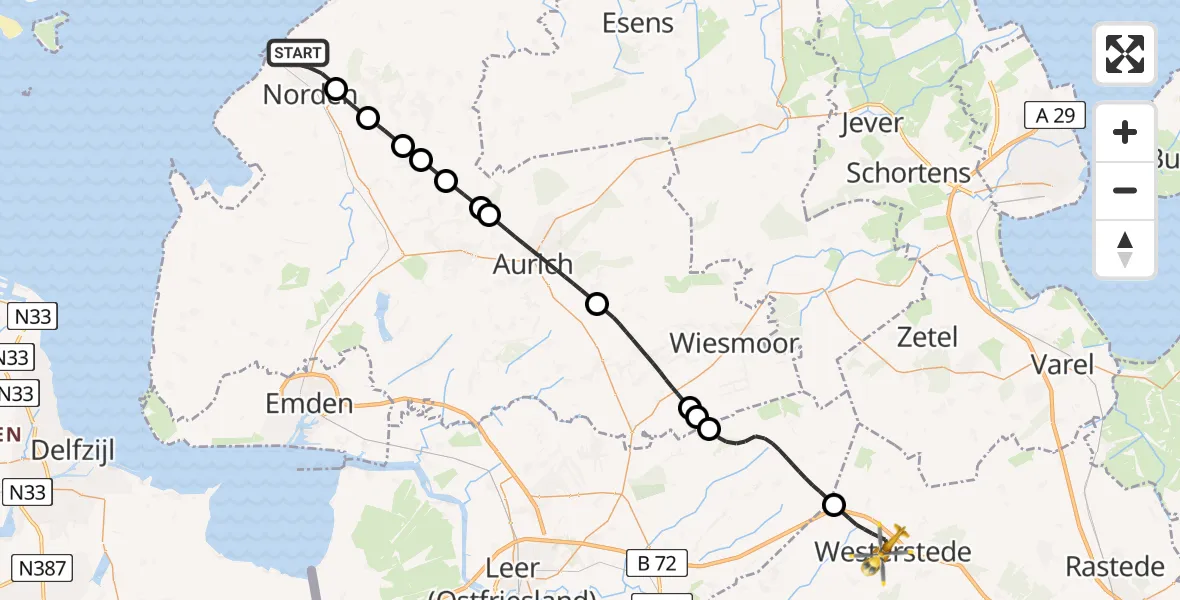 Flugroute Ambulanzhubschrauber Norden - Westerstede, 29 Mai 2026, 07:42