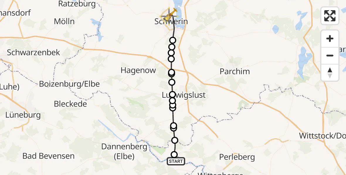 Flugroute Rettungshubschrauber Höhbeck - Schwerin, 29 Mai 2026, 07:44