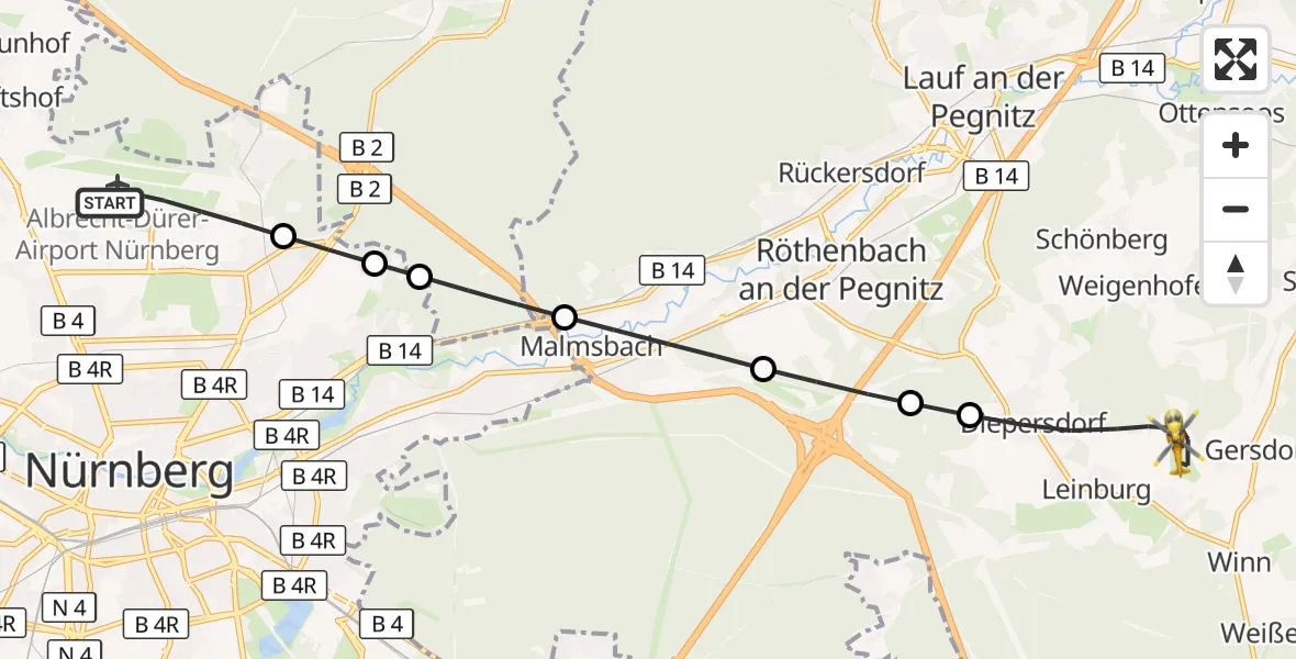 Flugroute Ambulanzhubschrauber Flughafen Nuremberg - Leinburg, 29 Mai 2026, 07:45