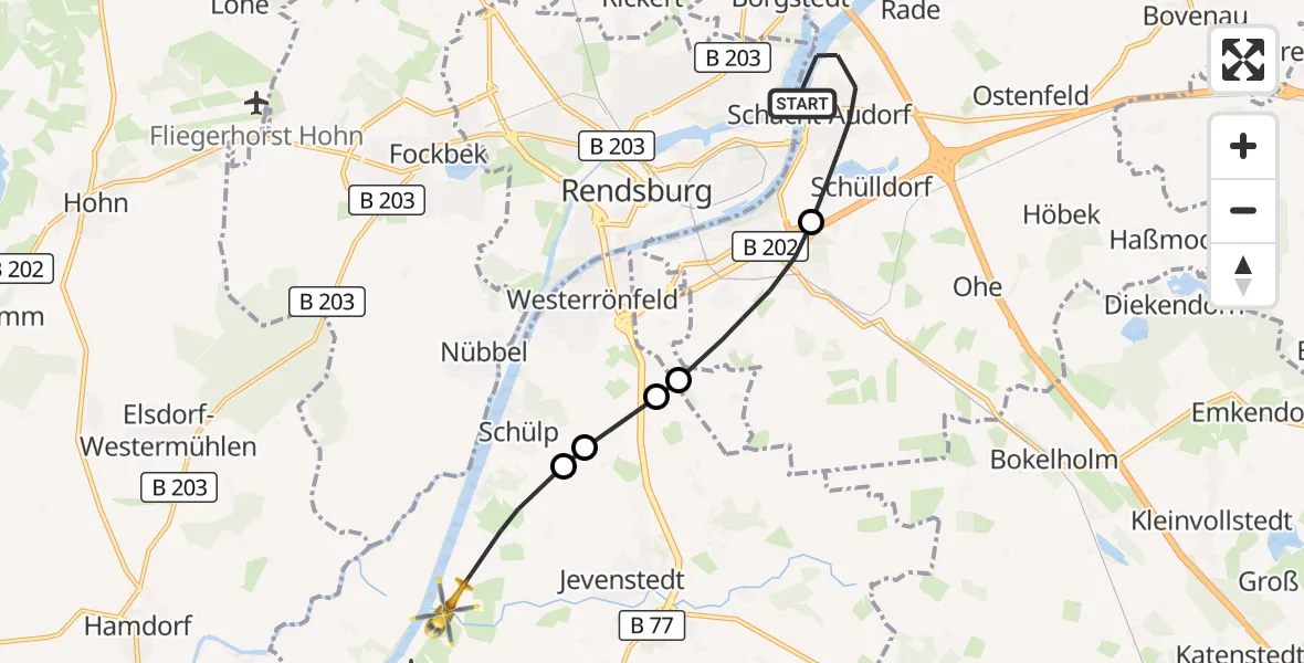 Flugroute Ambulanzhubschrauber Schacht-Audorf - Schülp b.Rendsburg, 29 Mai 2026, 07:46