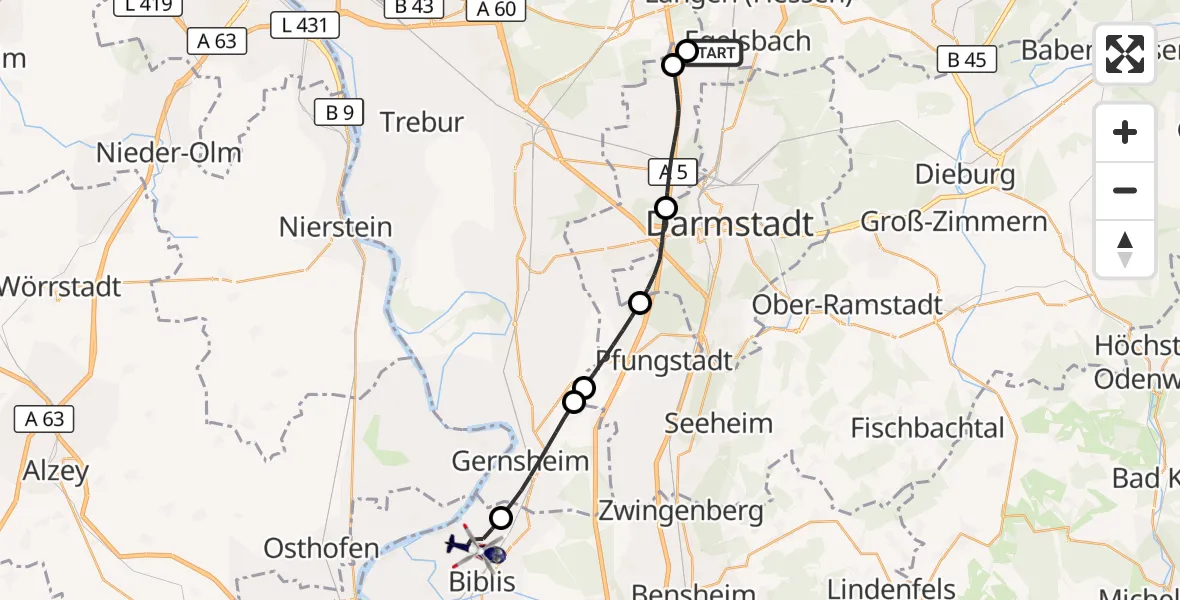 Flugroute Polizeihubschrauber Flughafen Frankfurt-Egelsbach - Groß-Rohrheim, 29 Mai 2026, 07:51