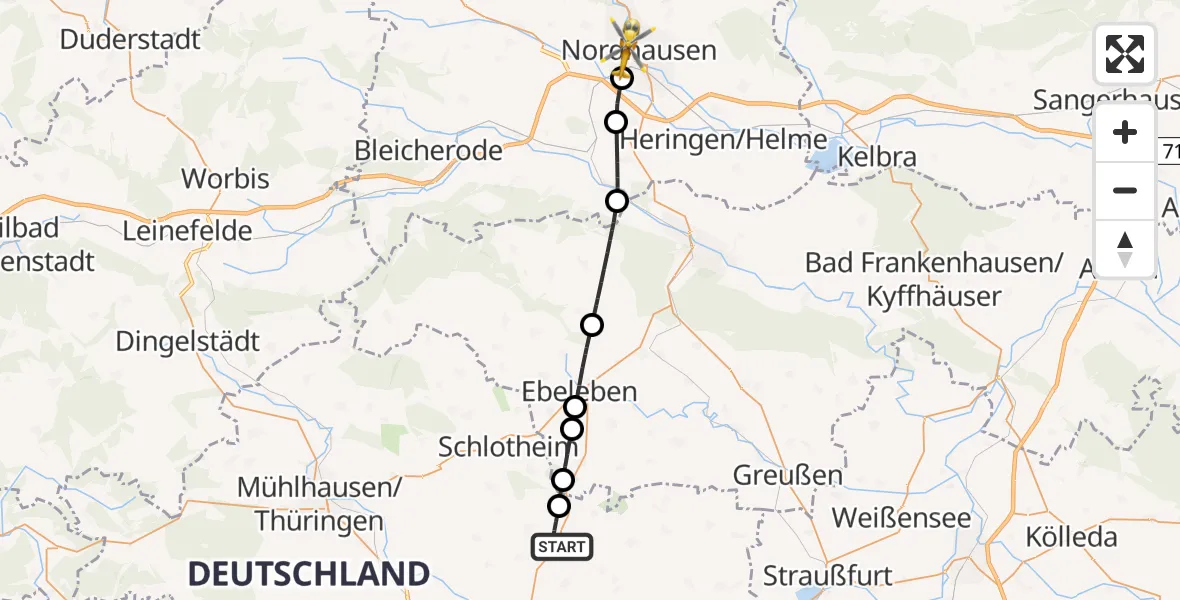 Flugroute Rettungshubschrauber Kirchheilingen - Nordhausen, 29 Mai 2026, 07:57