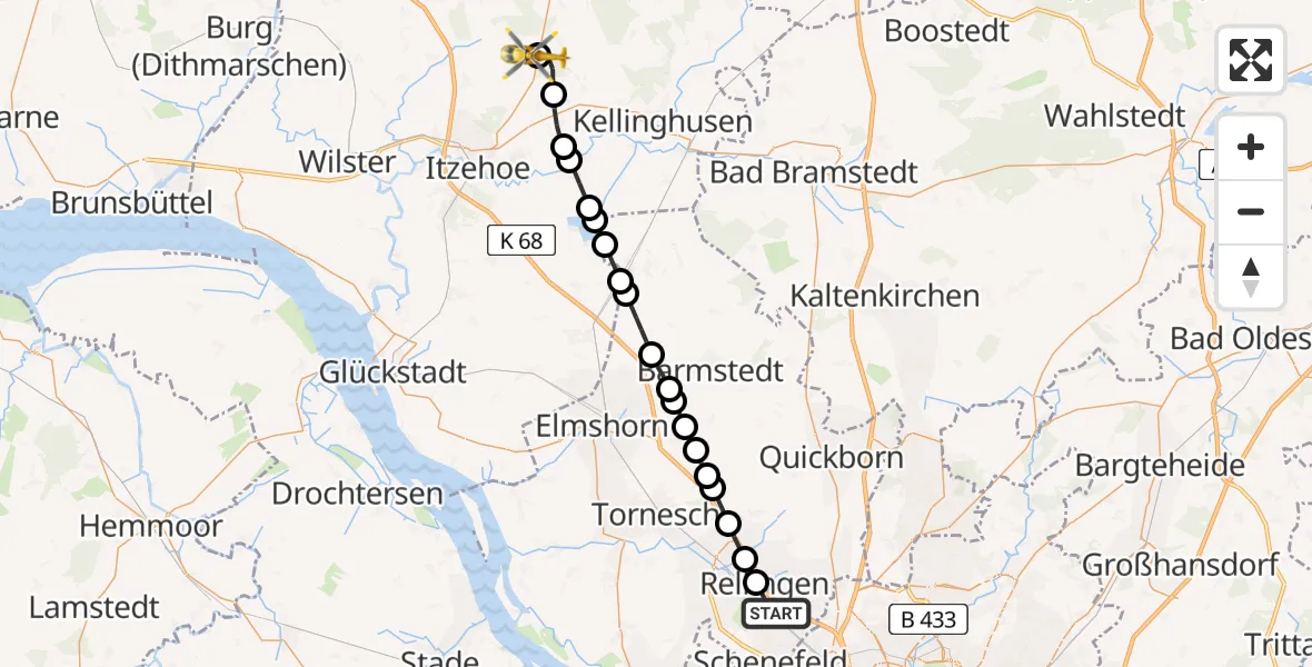 Flugroute Rettungshubschrauber Halstenbek - Itzehoe Hungriger Wolf Flugplatz, 29 Mai 2026, 07:59