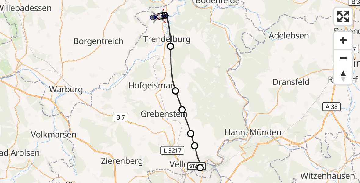 Flugroute Polizeihubschrauber Fuldatal Bundespolizei Hubschrauberlandeplatz - Hölleberg Flugplatz, 29 Mai 2026, 08:01