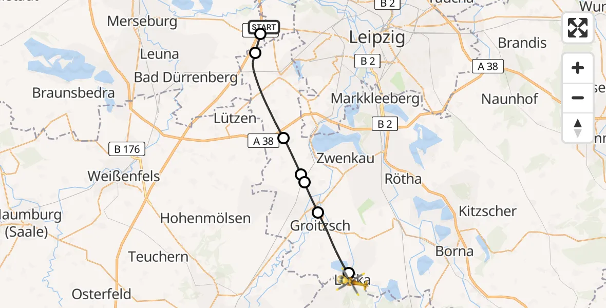 Flugroute Rettungshubschrauber ADAC Air Rescue Station Leipzig/Schkeuditz-Dölzig Hubschrauberlandeplatz (Christoph 61) - Lucka, 29 Mai 2026, 08:01