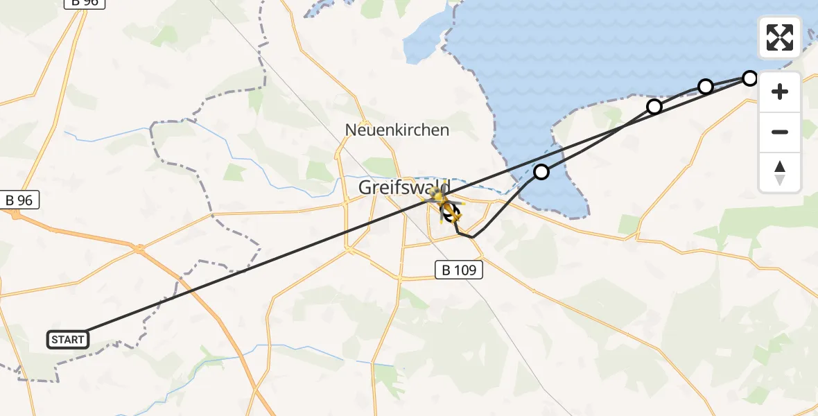 Flugroute Rettungshubschrauber Süderholz - Greifswald Hospital, 29 Mai 2026, 08:03