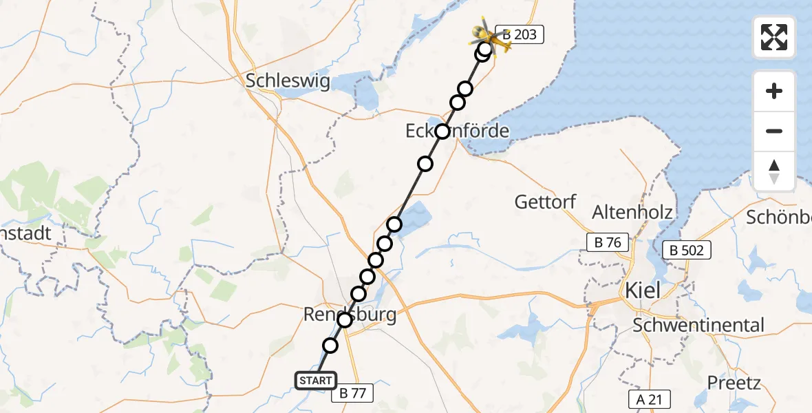 Flugroute Ambulanzhubschrauber Schülp b.Rendsburg - Holzdorf, 29 Mai 2026, 08:05