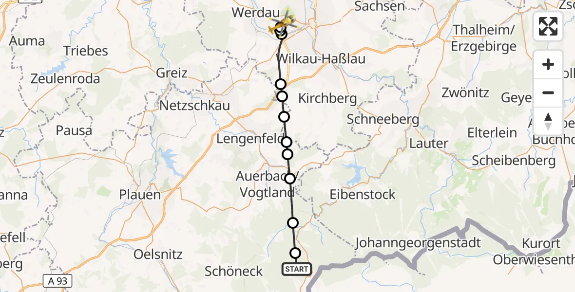 Flugroute Rettungshubschrauber Klingenthal - ADAC Air Rescue Station Zwickau Hubschrauberlandeplatz, 29 Mai 2026, 08:17