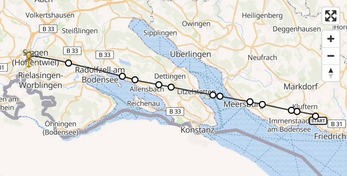 Flugroute Rettungshubschrauber Friedrichshafen Hospital - Singen (Hohentwiel), 29 Mai 2026, 08:18